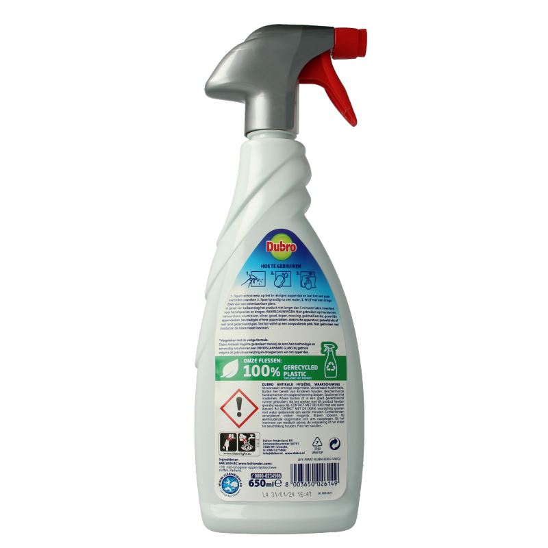 Dubro Antikalk spray in 650ml bottle, cleaning product for removing limescale and mineral deposits in household fixtures.