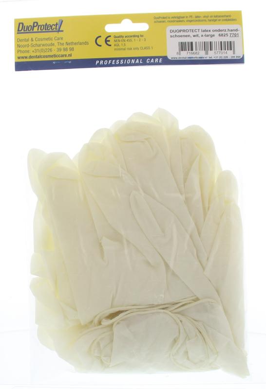 Pair of large Duoprotect latex medical gloves, 10-piece pack, designed for protective medical and safety use.