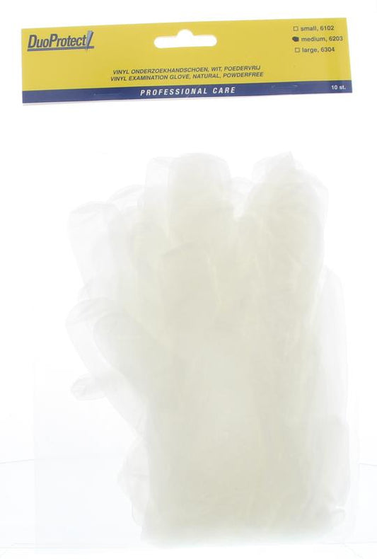 Pair of Duoprotect vinyl powder-free medical gloves in medium size, displayed in a box of 10 protective hand gloves.