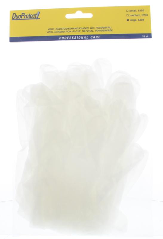 Duoprotect vinyl powder-free medical gloves, large size, displayed in a pack of 10 for protective healthcare use