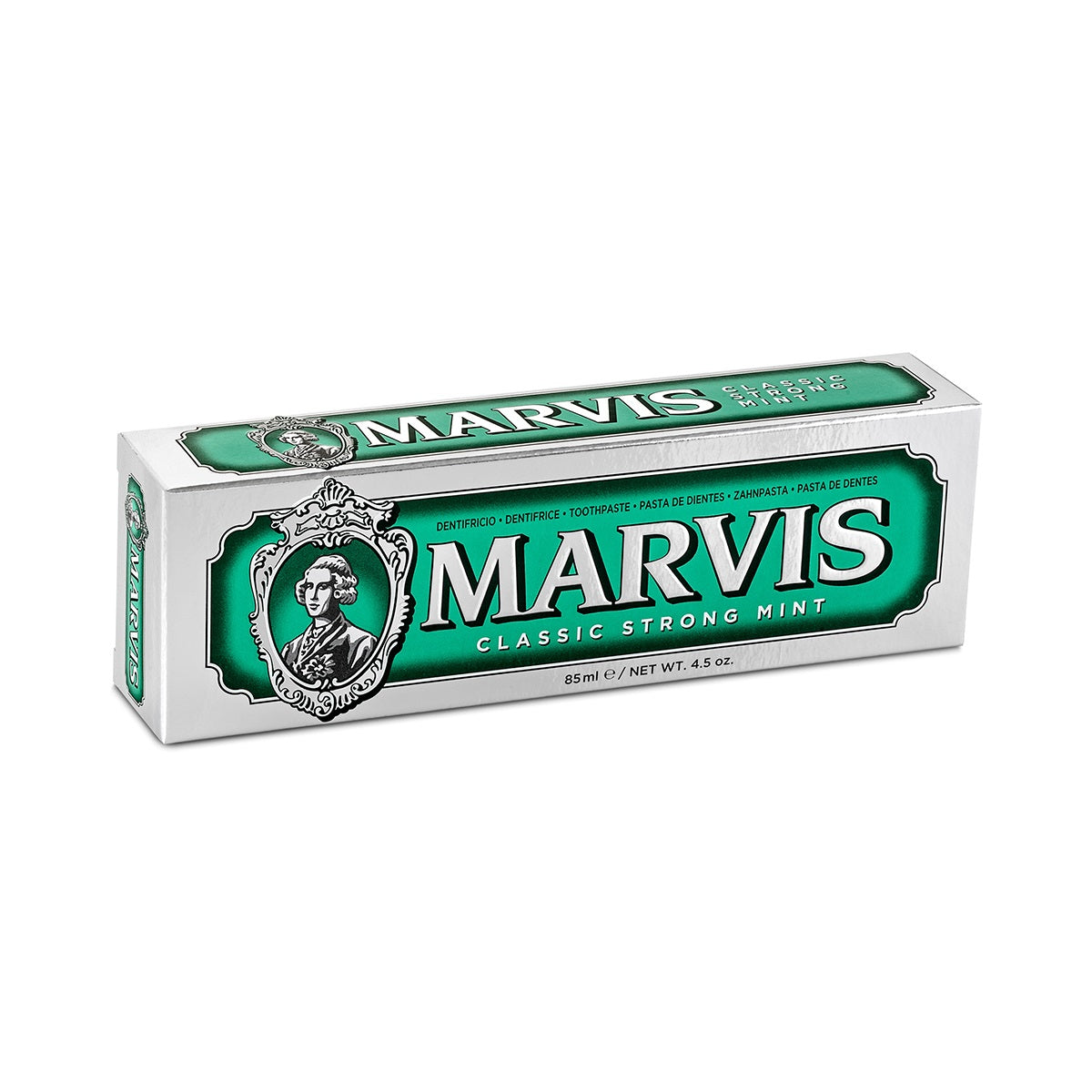 Marvis Classic Strong Mint toothpaste in 85ml tube with white packaging and blue accents, designed for fresh breath and oral care.