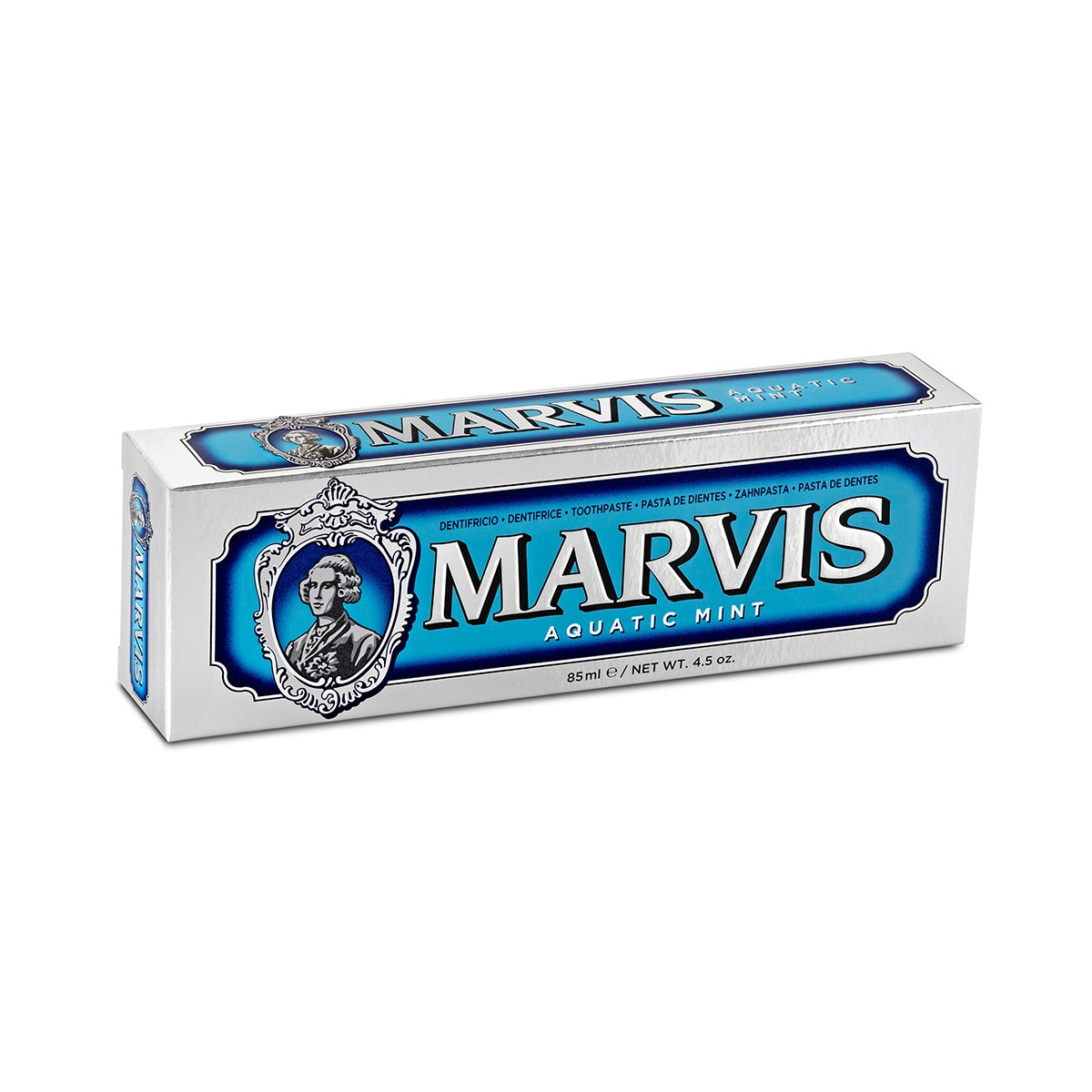 Marvis Aquatic Mint toothpaste in 85ml tube, featuring a sleek design and fresh mint flavor for oral hygiene.