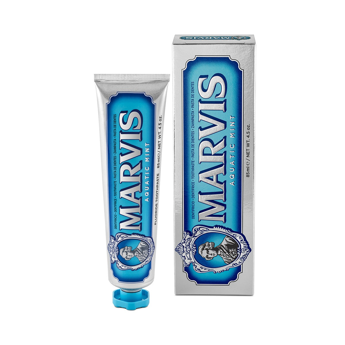 Marvis Aquatic Mint Toothpaste in 85ml tube, showcasing the sleek packaging and vibrant aquatic mint flavor.