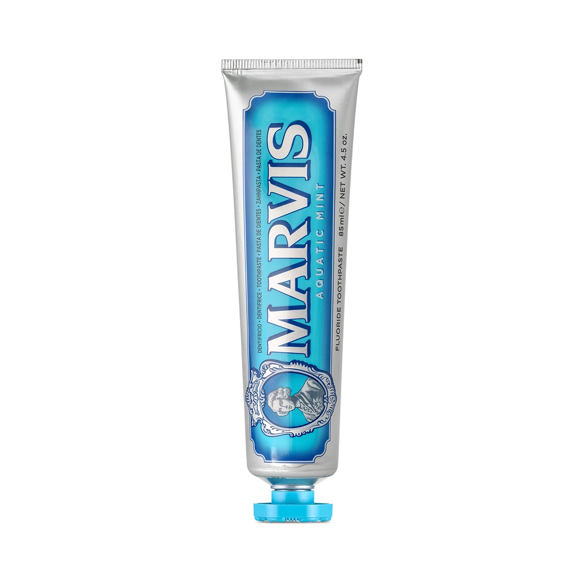 Marvis Aquatic Mint toothpaste in an 85ml tube, featuring a sleek design and refreshing mint flavor.