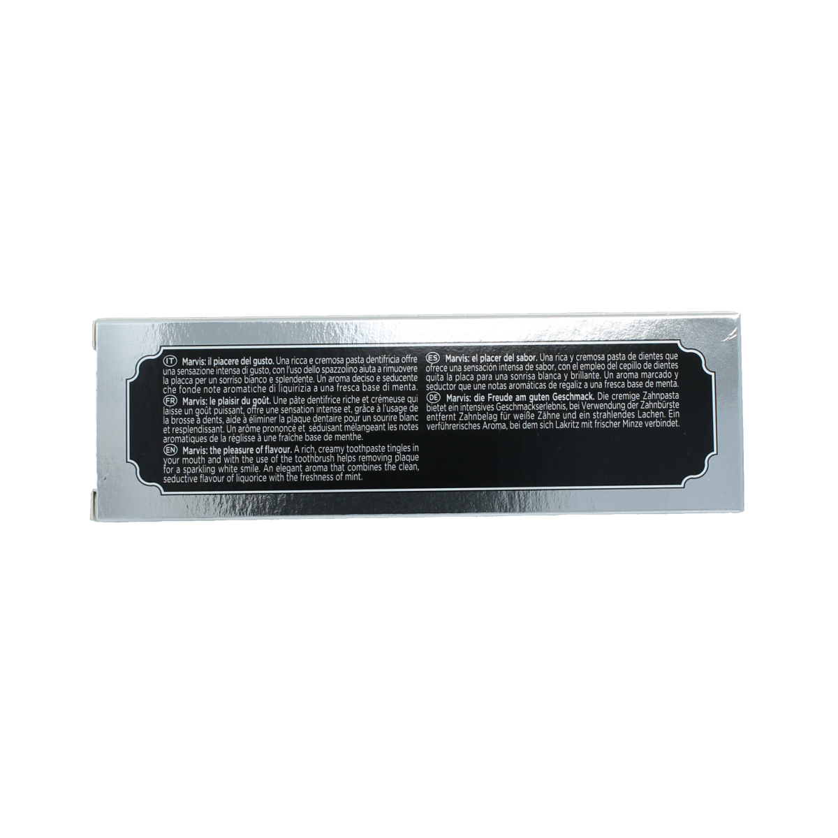 Marvis amarelli licorice toothpaste in an 85ml tube with black and white packaging featuring licorice images.