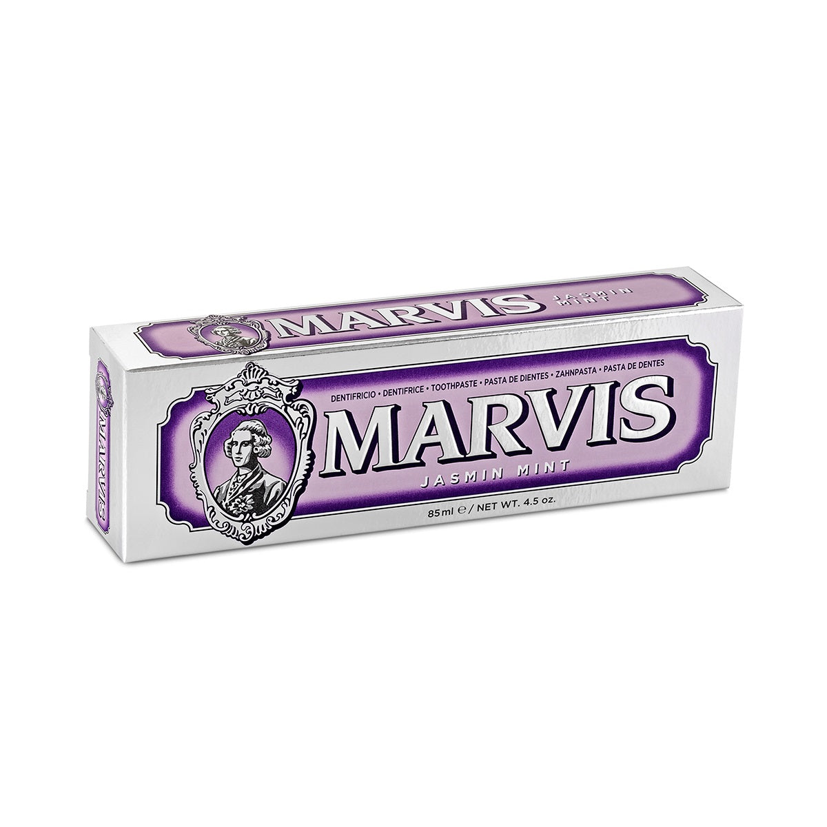 Marvis Jasmin Mint Toothpaste 85ml tube with floral and mint design, showcasing the elegant packaging for fresh breath and oral care.
