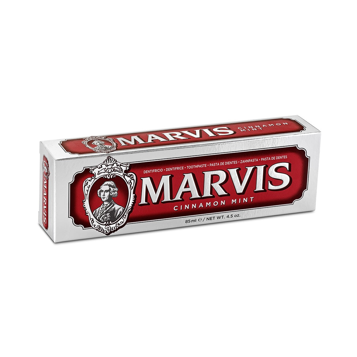Marvis cinnamon mint toothpaste in 85ml tube, featuring a sleek design and fresh flavor for oral hygiene.