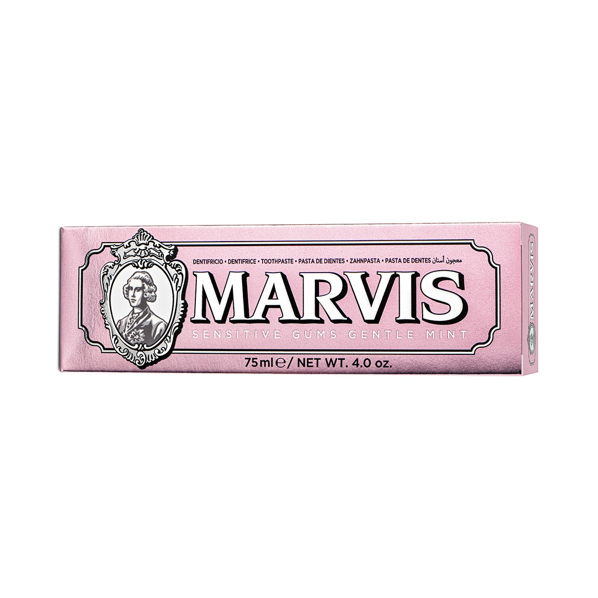 Marvis Sensitive Gums Gentle Mint toothpaste in a 75ml tube, featuring a sleek design and mint flavor for soothing oral care.