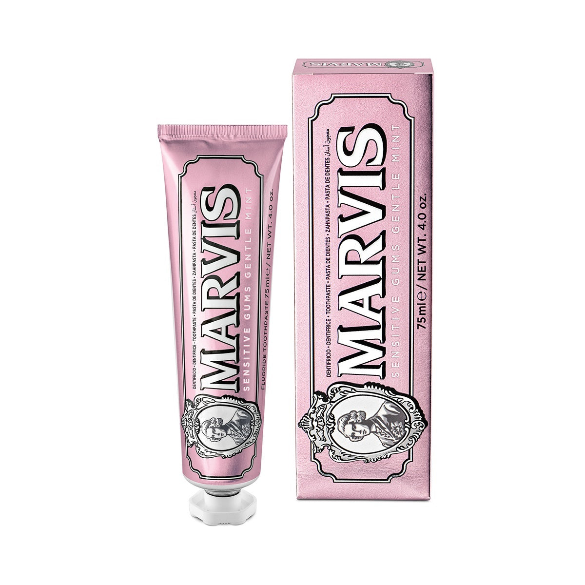 Marvis gentle mint toothpaste for sensitive gums in a 75ml tube, featuring a refreshing mint flavor.