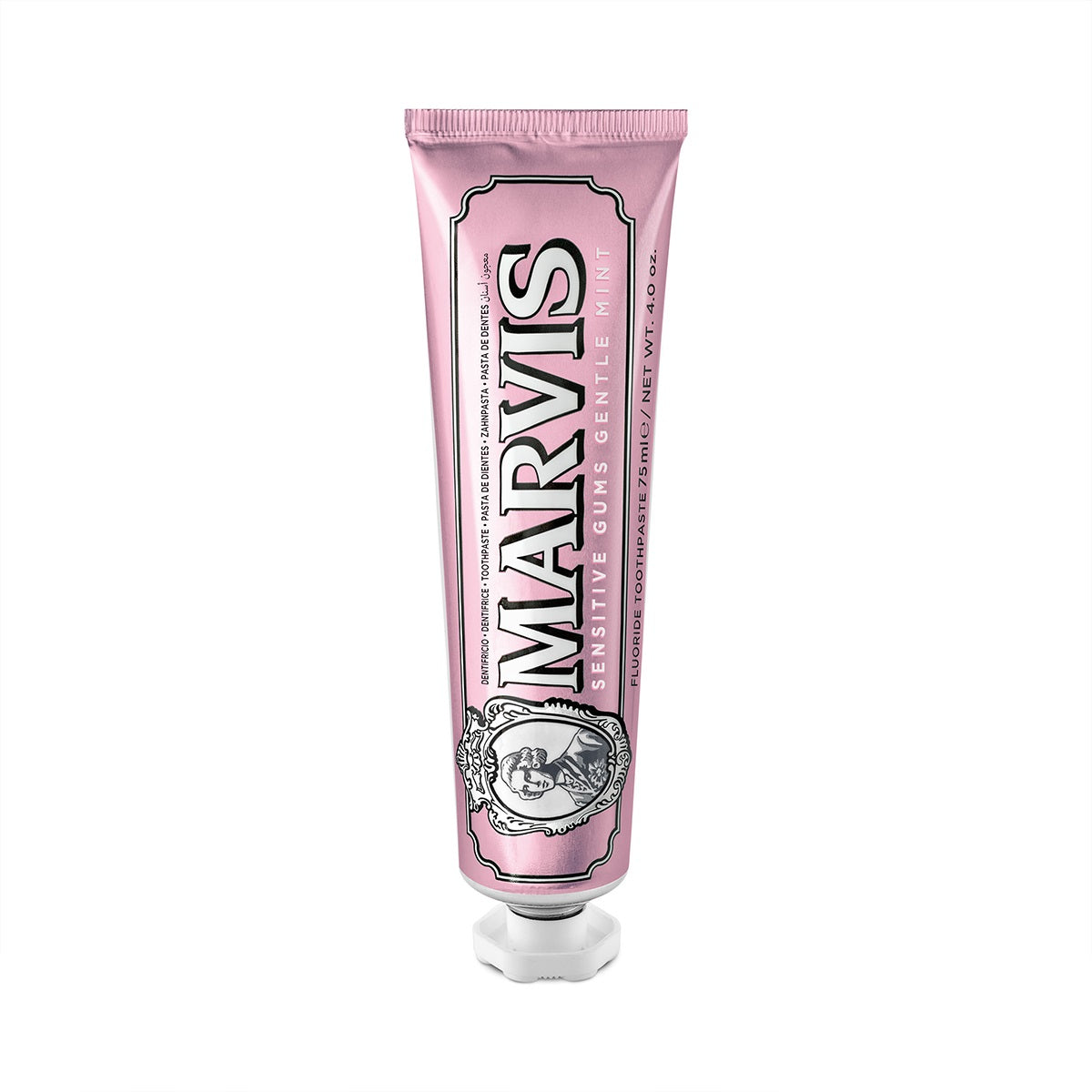 Marvis toothpaste for sensitive gums with gentle mint flavor, 75ml tube, showing the toothpaste and packaging.