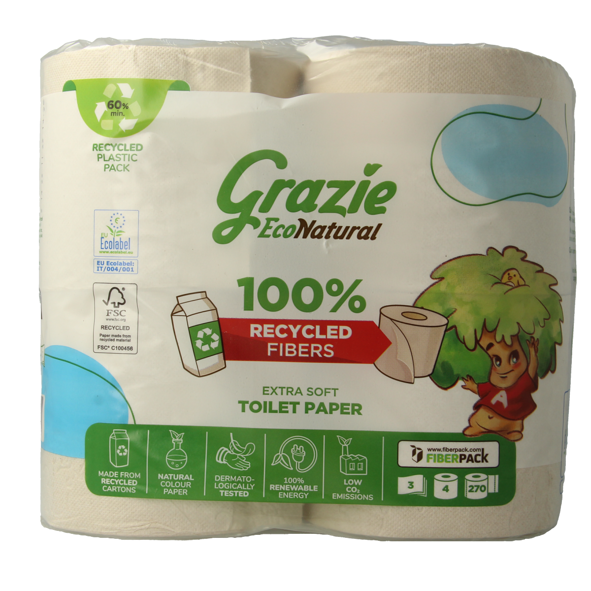 Pack of four Grazie Natural 3-ply toilet paper rolls, soft and absorbent bathroom tissue with eco-friendly natural materials.