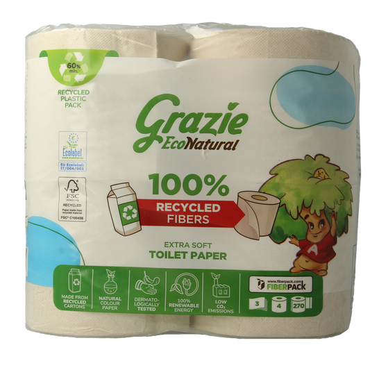 Pack of four Grazie Natural 3-ply toilet paper rolls, soft and absorbent bathroom tissue with eco-friendly natural materials.