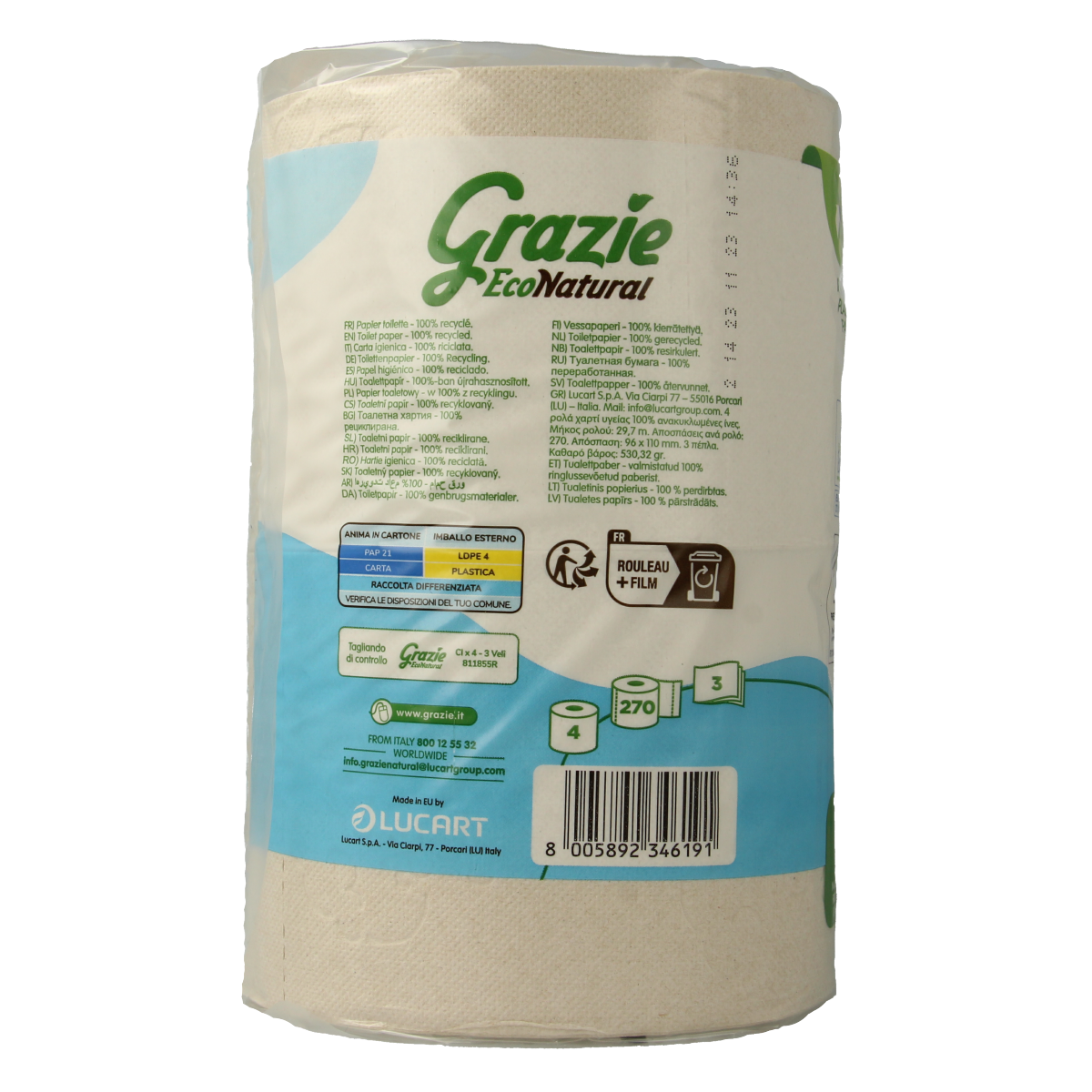 Grazie Natural 3-laags toiletpapier, 4 stuks, soft and absorbent toilet paper shown in a package.