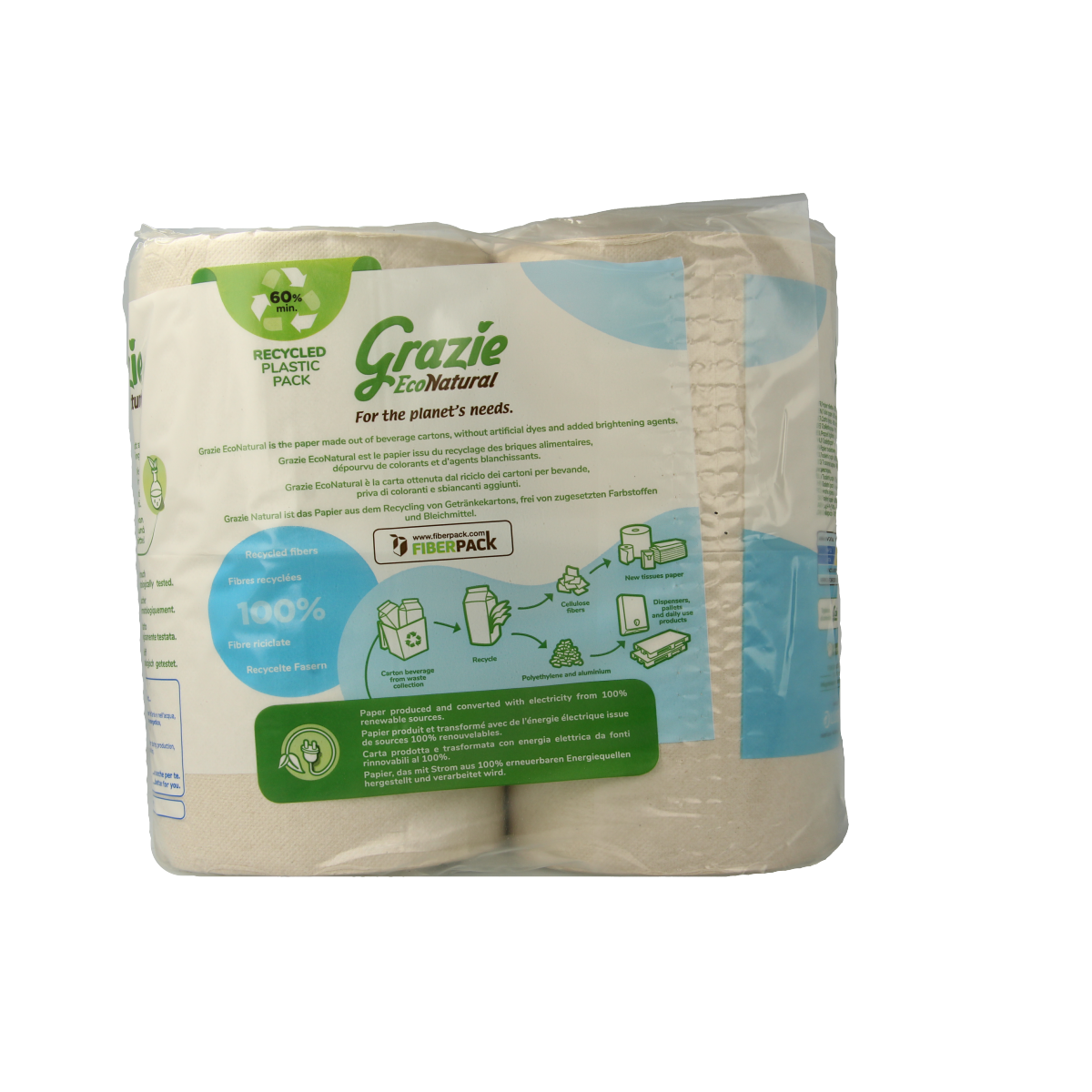 Three-pack of Grazie Natural 3-ply toilet paper rolls, soft and absorbent bathroom tissue for everyday use.