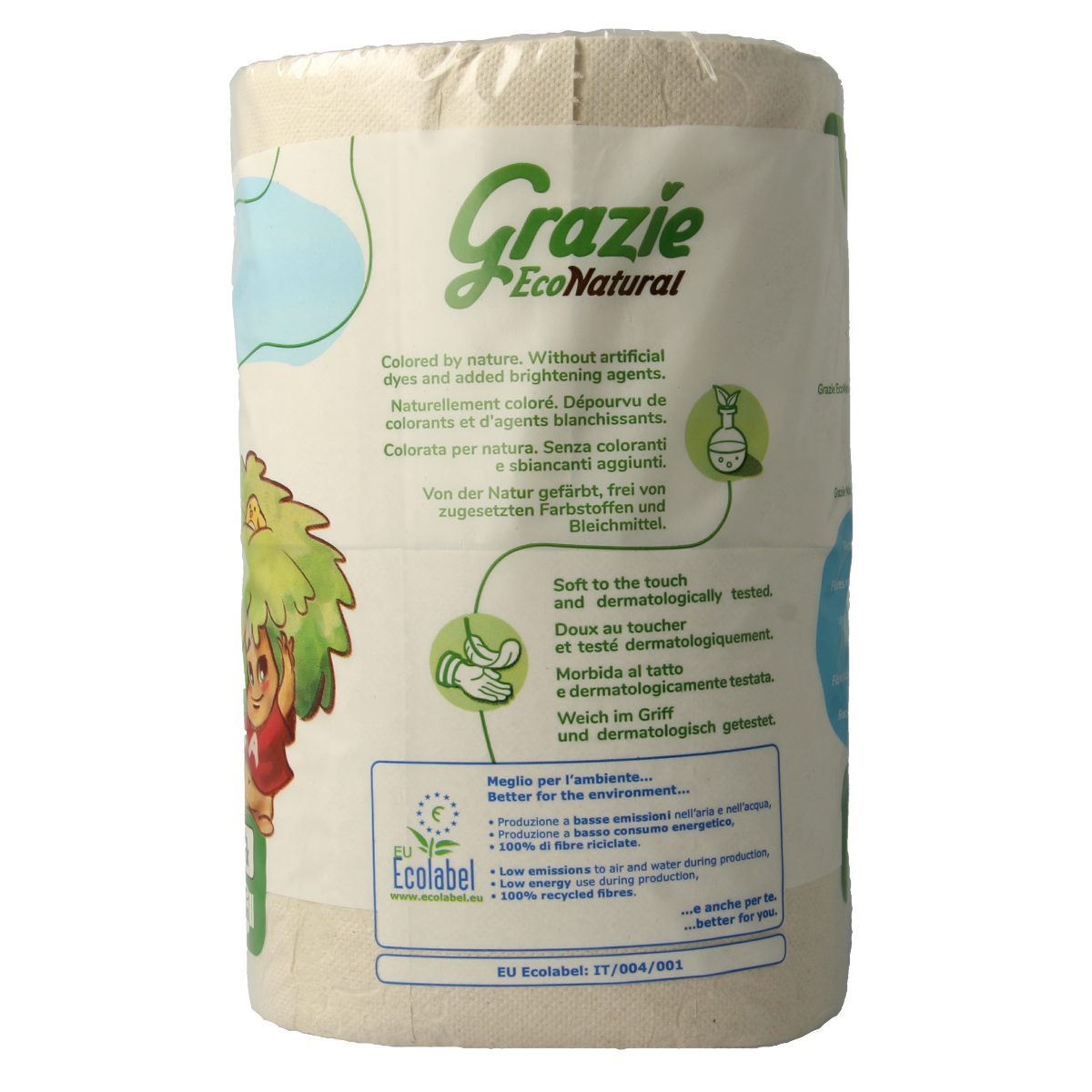 Grazie Natural 3-ply toilet paper pack with 4 rolls, soft and durable bathroom tissue for daily use.