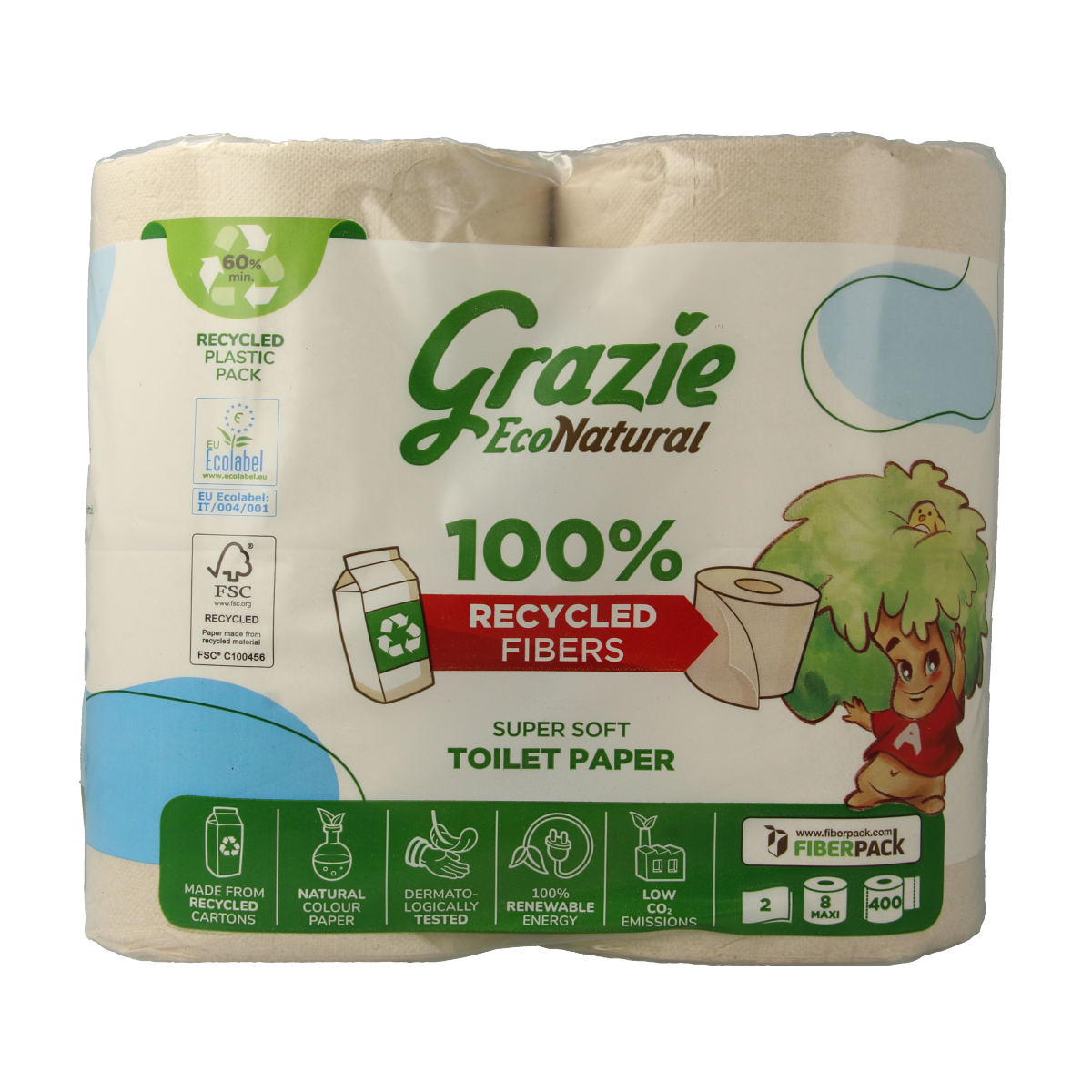 Pack of 8 Grazie Natural 2-ply toilet paper rolls with soft, eco-friendly tissue for everyday bathroom use.