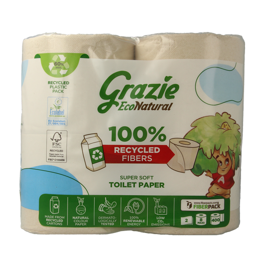 Pack of 8 Grazie Natural 2-ply toilet paper rolls with soft, eco-friendly tissue for everyday bathroom use.