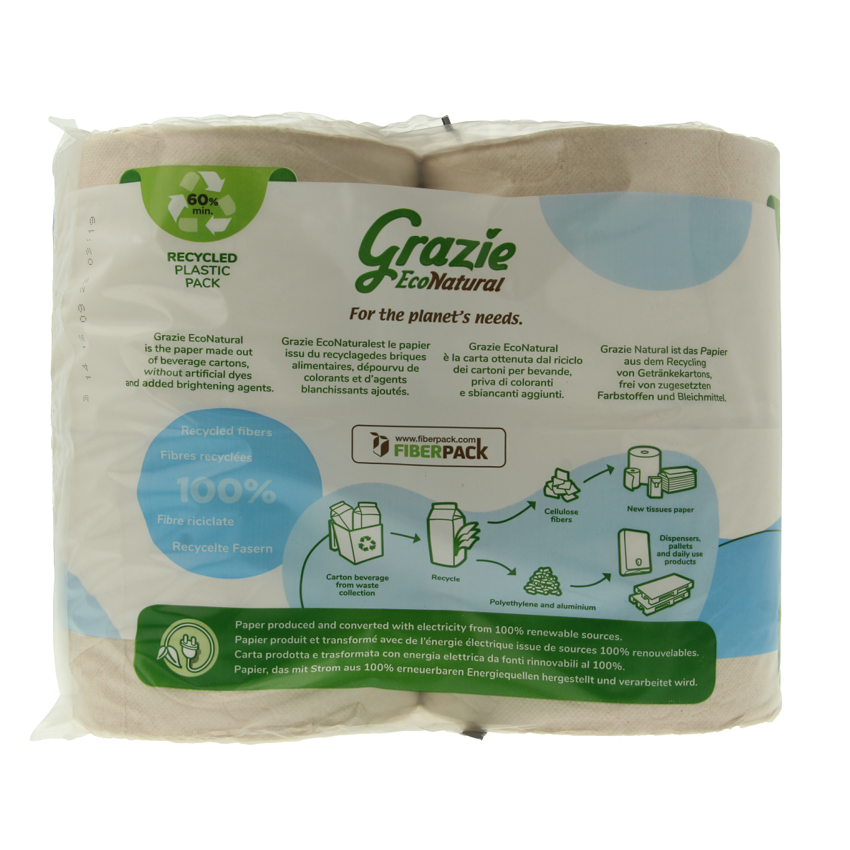 Two-pack of Grazie Natural 2-ply toilet paper rolls, soft and absorbent bathroom tissue, natural brand packaging.