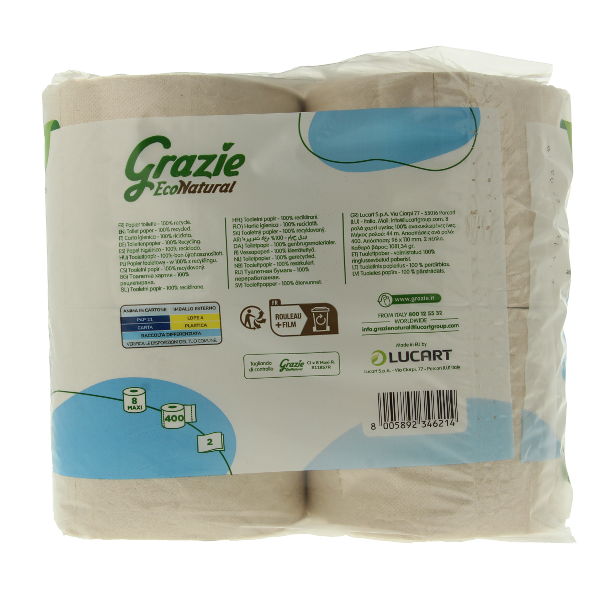 Pack of 8 Grazie Natural 2-ply toilet paper rolls, soft and absorbent bathroom tissue, with visible packaging and rolls.