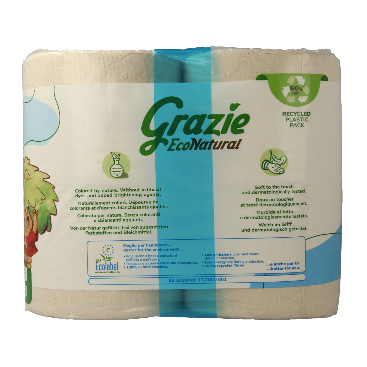 Grazie Natural 2-ply toilet paper pack with 8 rolls, soft and absorbent bathroom tissue for everyday use.