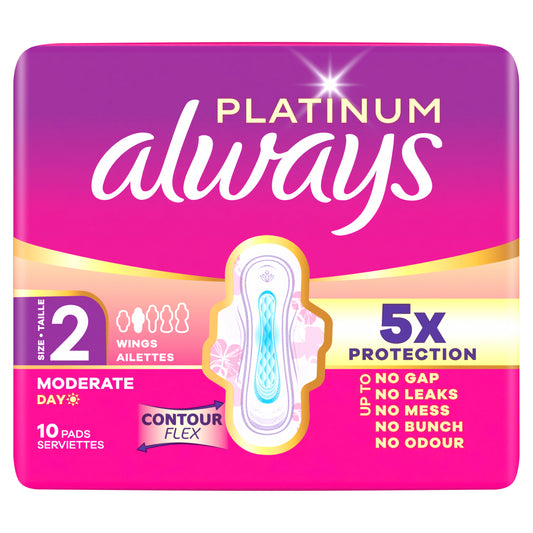 Always Platinum long menstrual pads for women, 10-pack, showing the packaging and product details.
