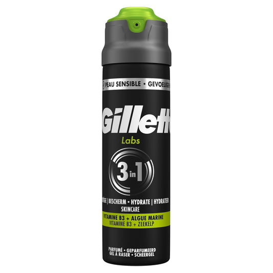 Gillette Labs Scheergel Face in 198ml bottle, face shaving gel with Gillette branding, shown in a clear bottle with label.