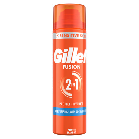 Gillette Fusion Scheergel Moisturize 200ml, shaving gel for smooth shaving, featuring Gillette branding and gel consistency.