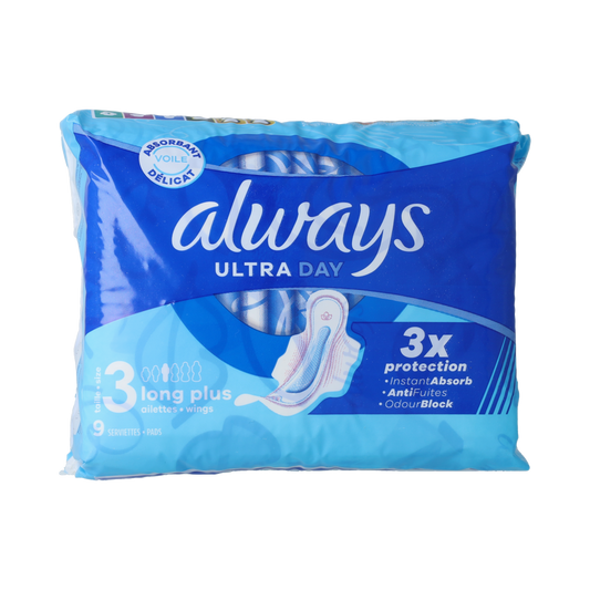 Always Ultra day sanitary pads with wings, pack of 9, designed for women’s comfort and protection during menstruation.