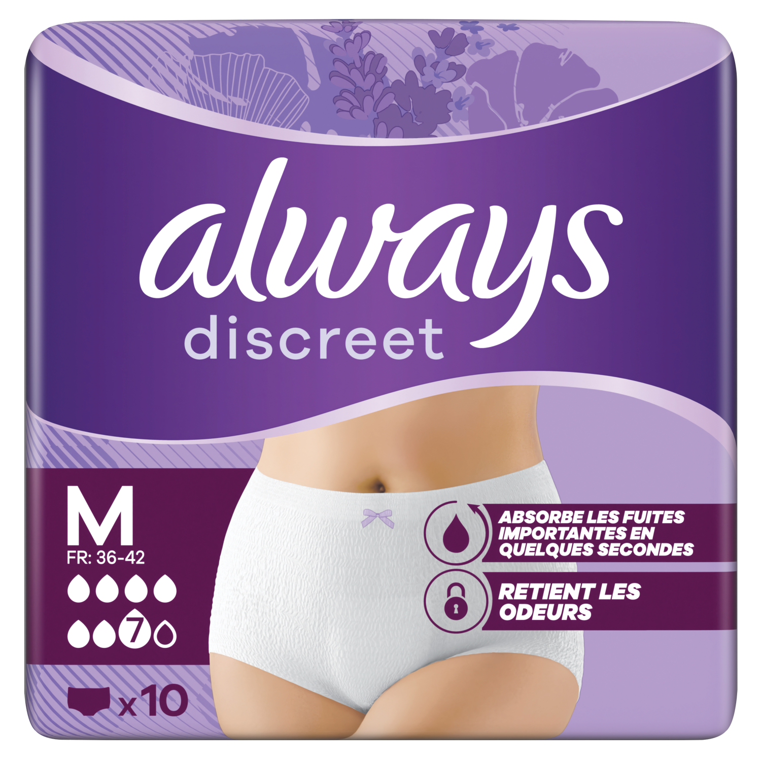 Always Discreet broekjes in maat M, 10 in a pack, designed for incontinence, featuring soft, discreet fabric and secure fit.