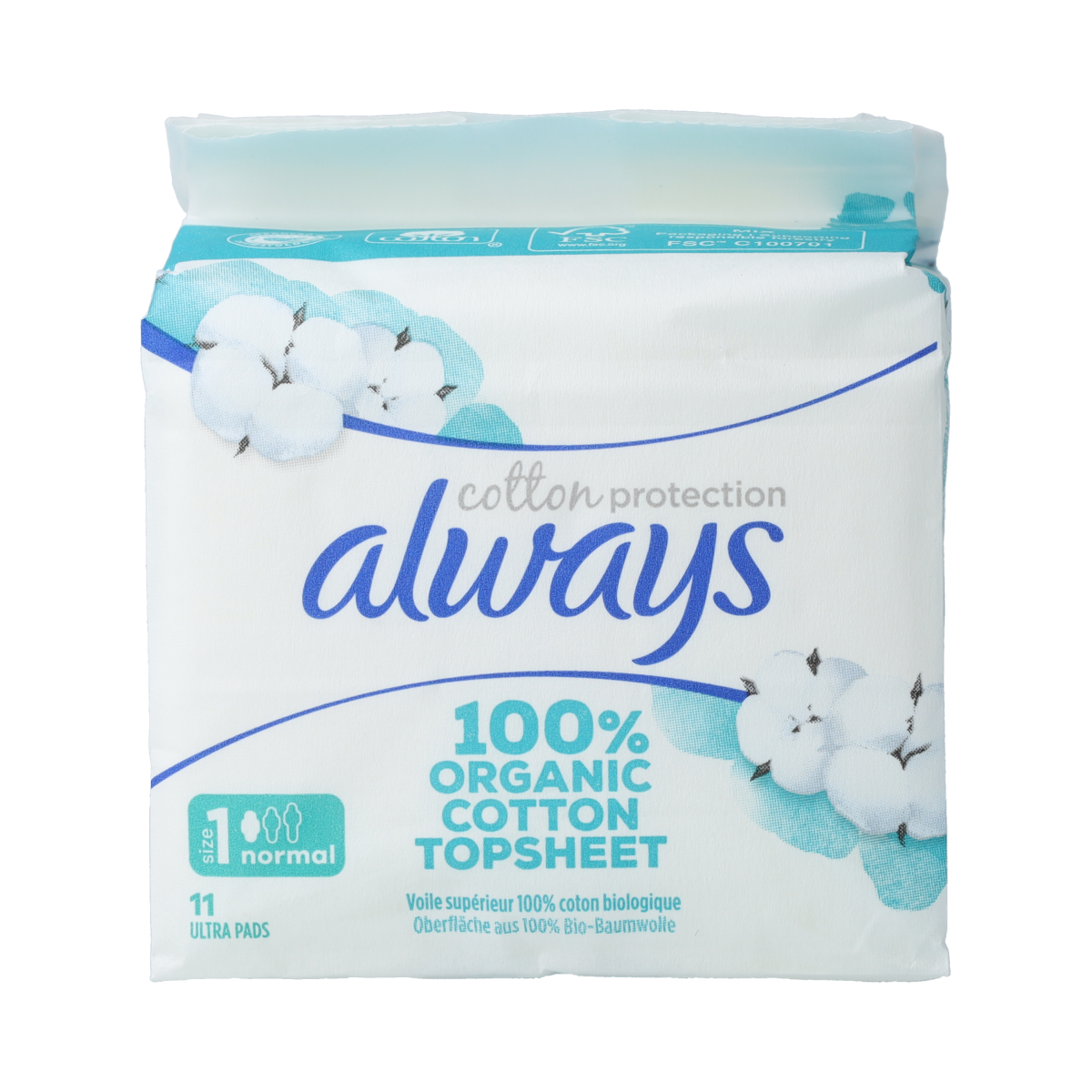 Always Maandverband cotton protection normal, pack of 11, for women, soft white feminine hygiene pads with cotton material.