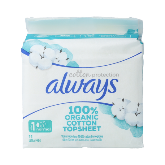 Always Maandverband cotton protection normal, pack of 11, for women, soft white feminine hygiene pads with cotton material.
