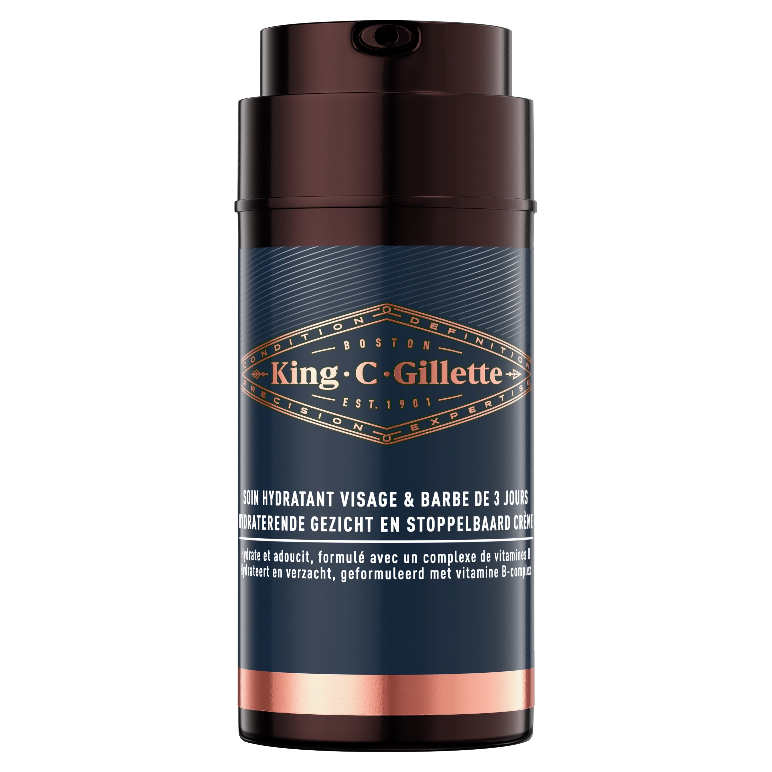 Gillette King C Moisturizer 100ml for face skincare, smooth and hydrating facial moisturizer in a white bottle with blue accents.