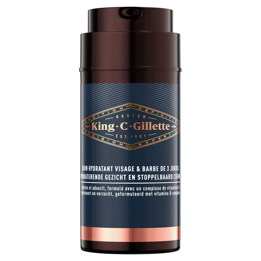 Gillette King C Moisturizer 100ml for face skincare, smooth and hydrating facial moisturizer in a white bottle with blue accents.