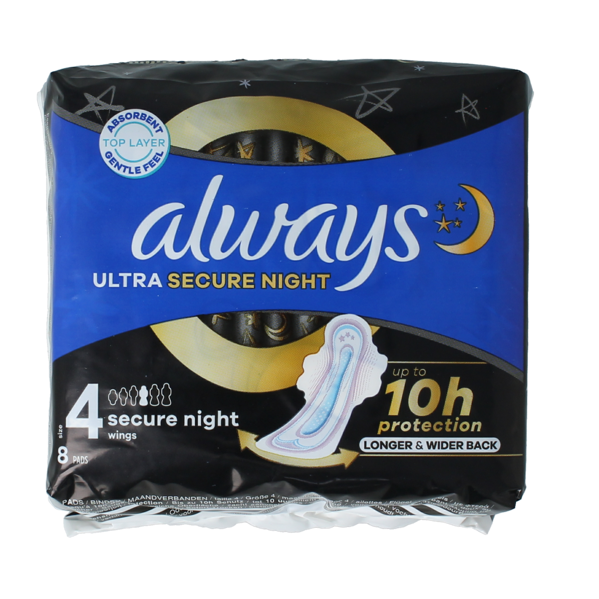 Always Maandverband Ultra Secure Night, 8 disposable feminine hygiene pads for women, with secure absorbency for overnight use.