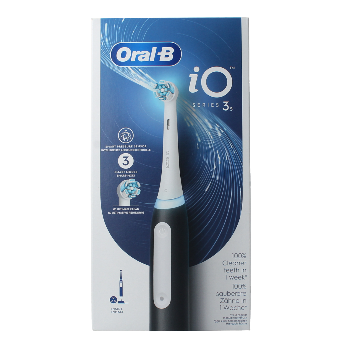 Oral B electric toothbrush IO3S in matte black, showcasing the sleek design and brush head for effective dental cleaning.