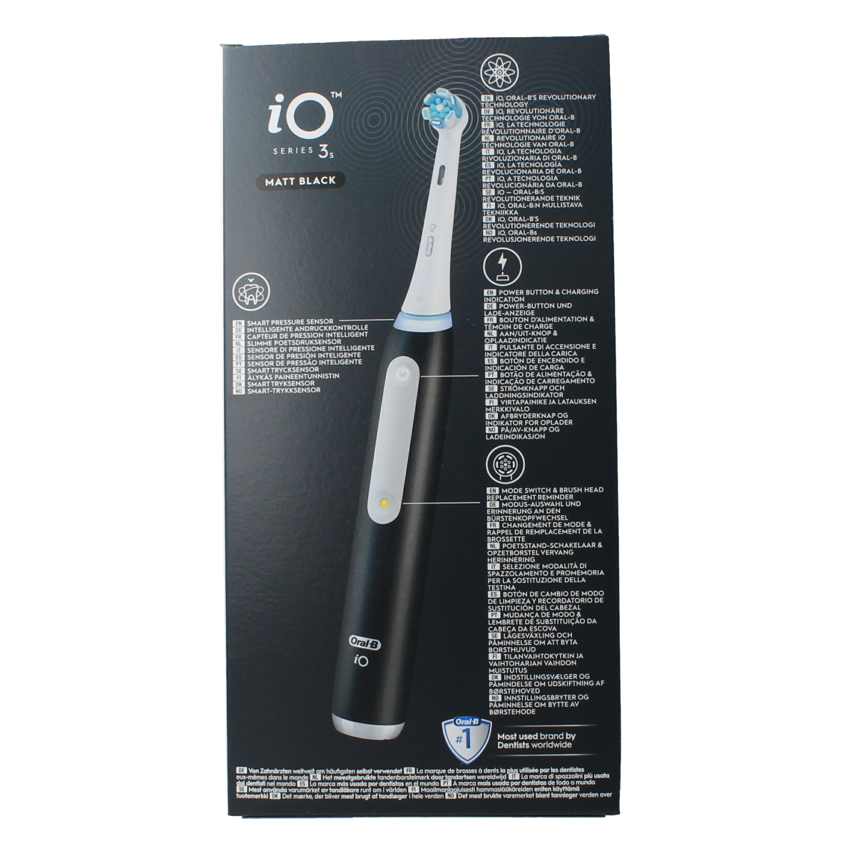 Oral B IO3S electric toothbrush in matte black with a sleek design, shown with brush head attached for effective cleaning.