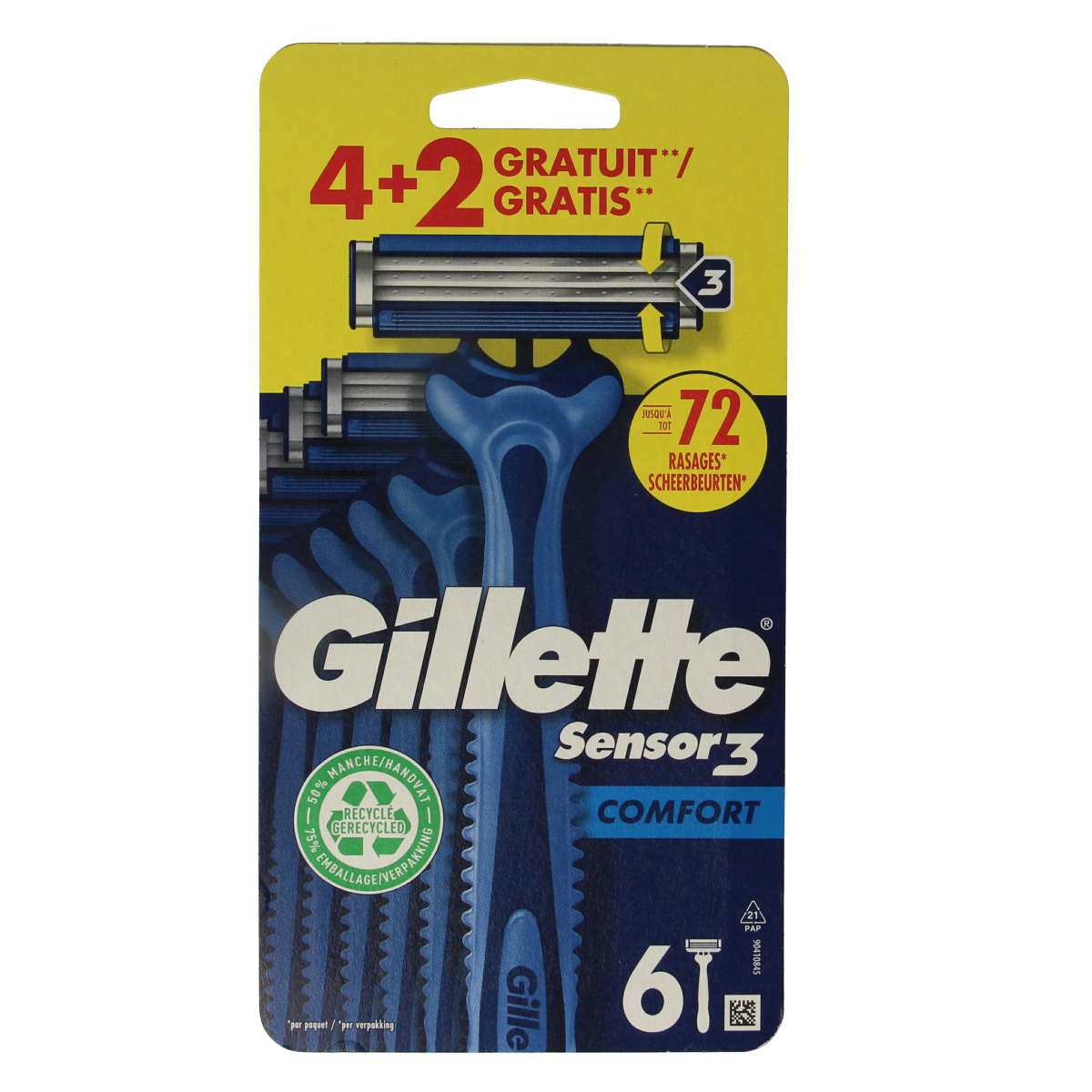 Gillette Sensor 3 Comfort disposable razor blades pack with 6 units for smooth shaving and skin comfort.