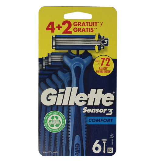 Gillette Sensor 3 Comfort disposable razor blades pack with 6 units for smooth shaving and skin comfort.