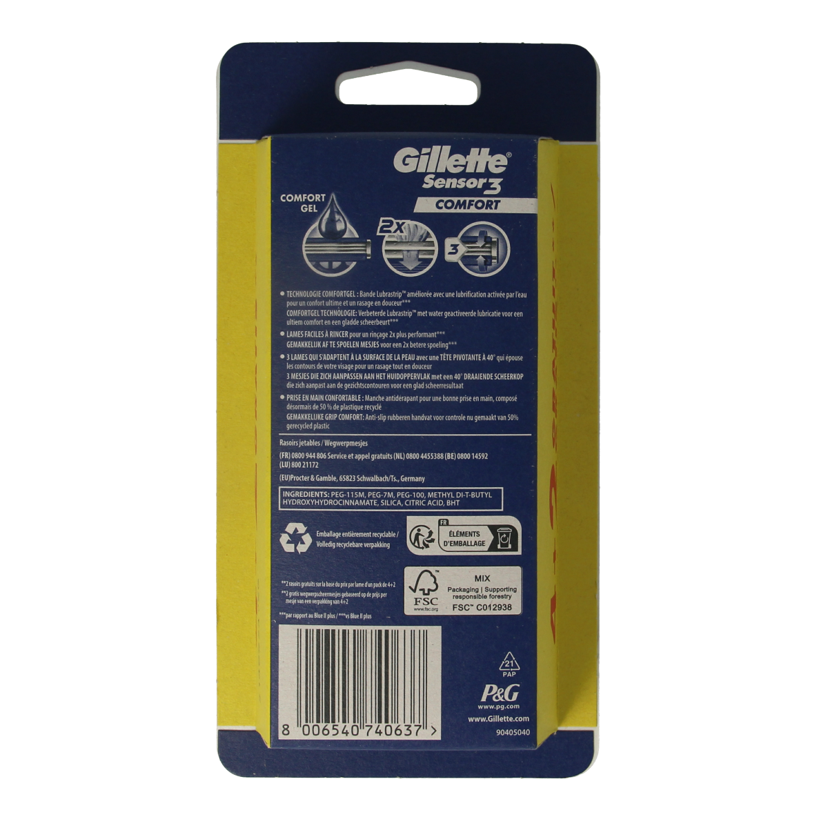 Gillette Sensor 3 Comfort disposable razor blades, pack of 6, for smooth shaving and comfortable skin.
