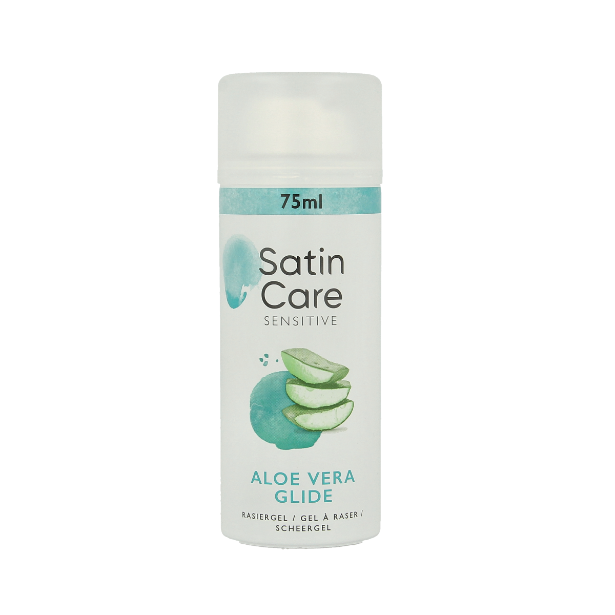 Gillette Satin Care Gel Aloe Vera for shaving and hair removal, 75ml, featuring soothing aloe vera in a clear tube.