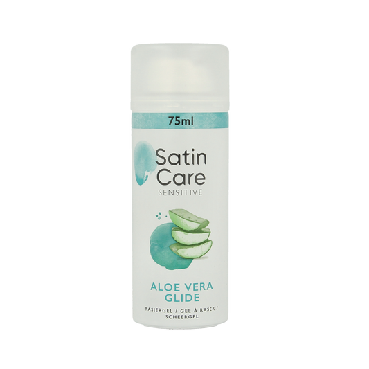 Gillette Satin Care Gel Aloe Vera for shaving and hair removal, 75ml, featuring soothing aloe vera in a clear tube.