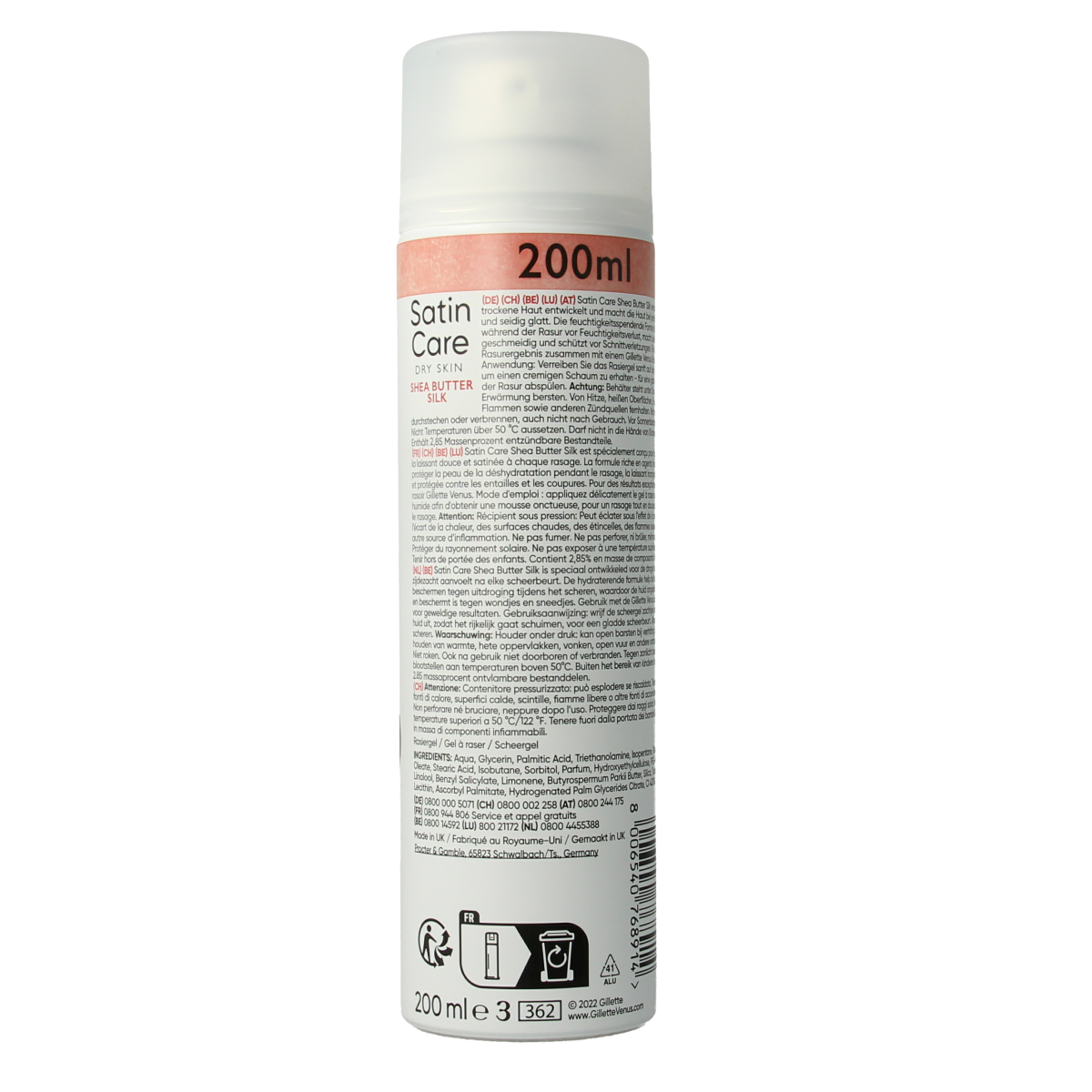 Gillette Satin Care scheergel voor droge huid, 200ml, scheren en ontharen gel with moisturizing formula for sensitive skin