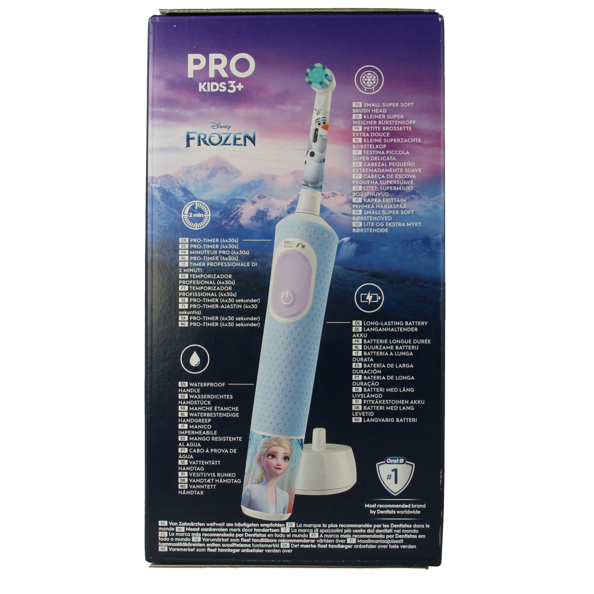 Oral B Vitality Pro Kid frozen toothbrush with soft bristles for children, featuring colorful frozen-themed design.