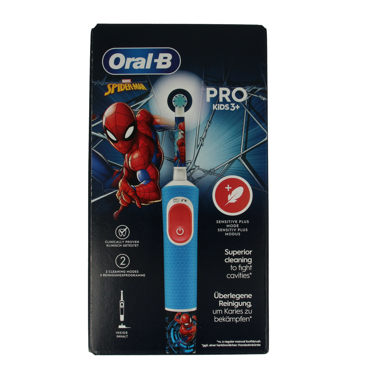 Oral B Vitality Pro Kid Spiderman toothbrush with colorful handle, designed for children's oral hygiene.