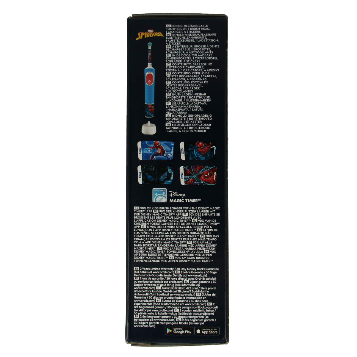 Oral B Vitality Pro Kid Spider-Man toothbrush with colorful handle and cartoon Spider-Man design for children.