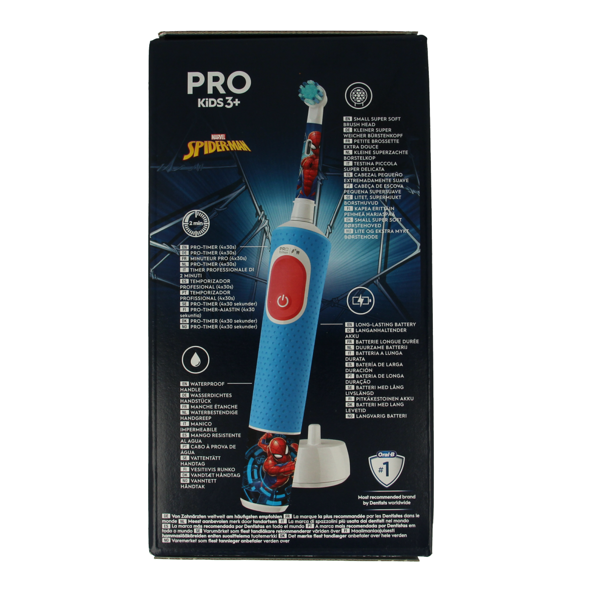 Oral B Vitality Pro Kid Spiderman toothbrush with one toothbrush head, designed for children to promote good oral hygiene.