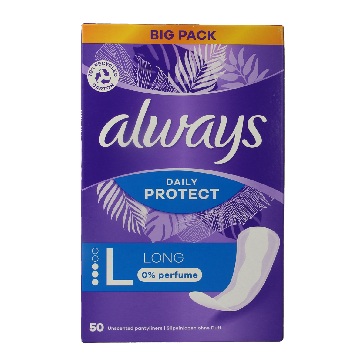 Always Inlegkruisjes daily protect long, pack of 50, feminine menstrual pads for daily comfort and protection.