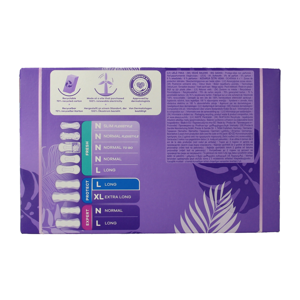 Box of 50 Always Inlegkruisjes daily protect long feminine pads for women, soft and absorbent for daily comfort.