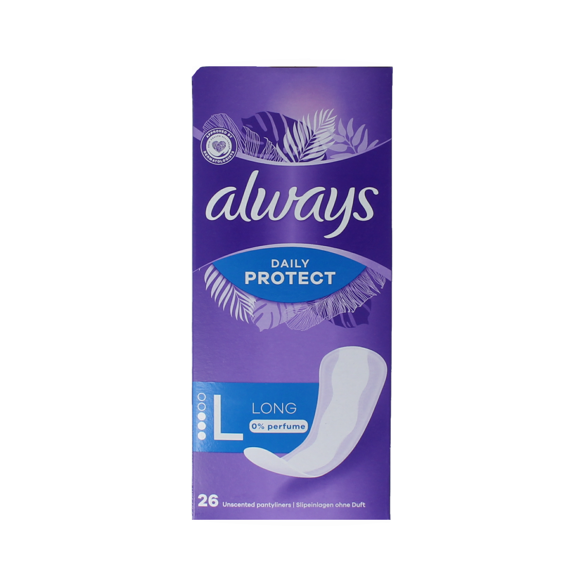 Box of 26 Always Inlegkruisjes daily protect long panty liners for women, shown in packaging with branding and product details.
