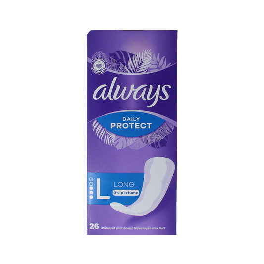 Box of 26 Always Inlegkruisjes daily protect long panty liners for women, shown in packaging with branding and product details.